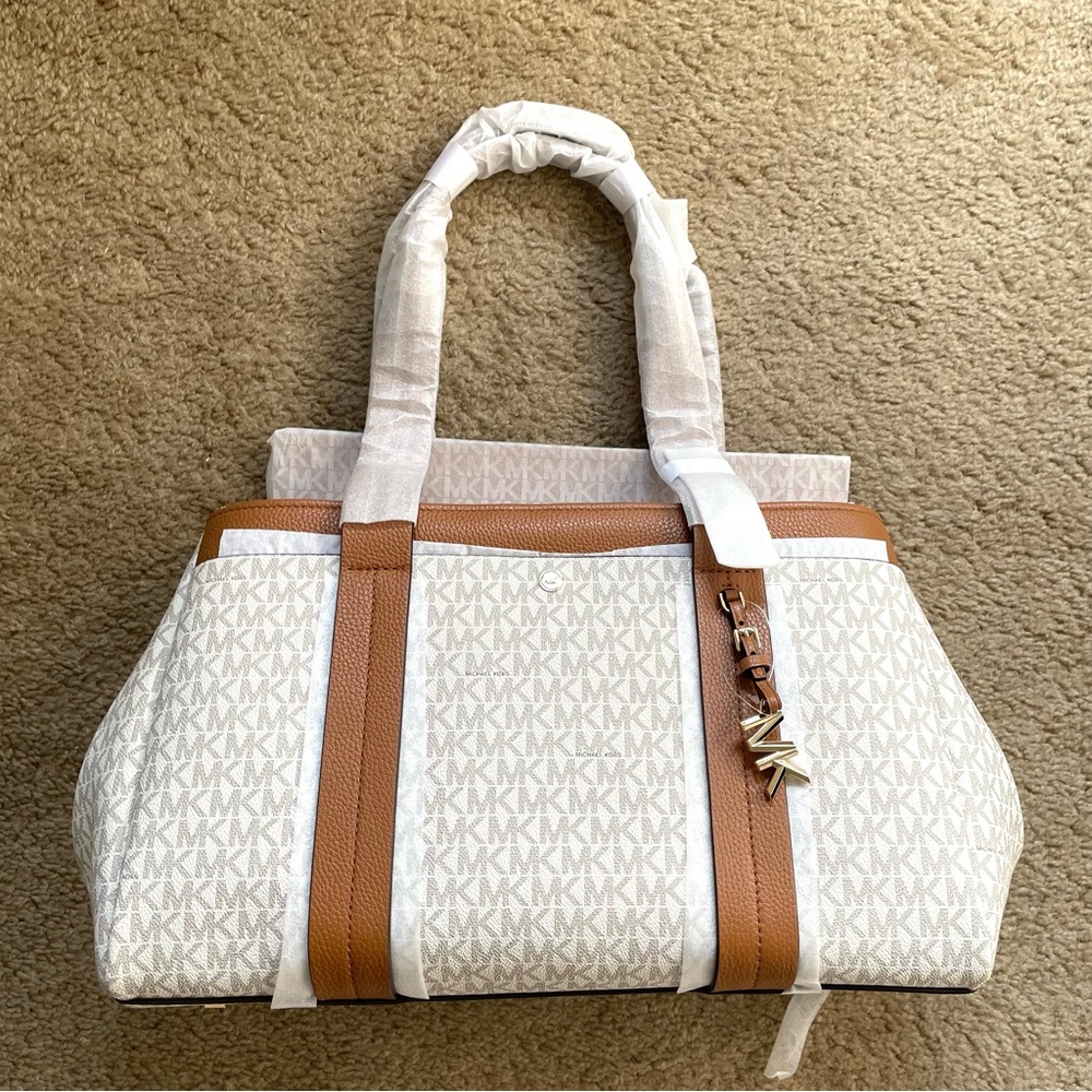 Michael Kors Romee Large Cream and Brown MK Tote